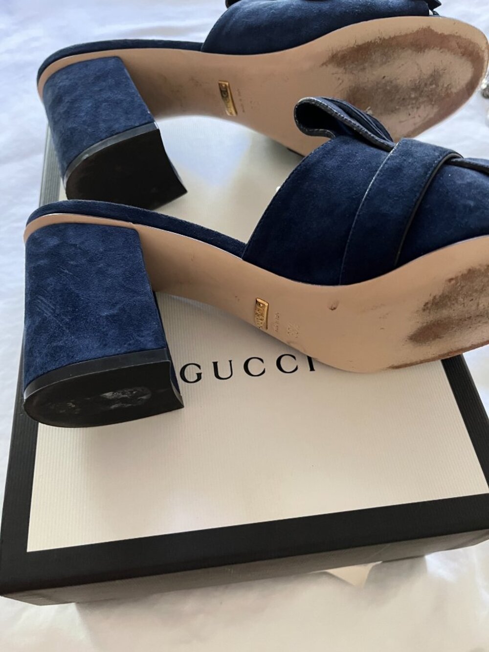 Gucci GG Marmont Fringe Suede Mule Sandals Blue Ink 38.5 w/ Box Dust Bag - Picture 7 of 10